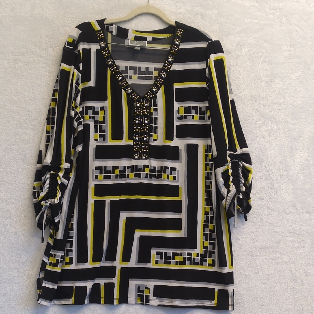 JM Collection Women's Black & Yellow Rhinestone Ruched Sleeve Blouse Size 2X